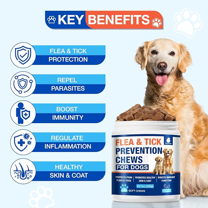 Natural Flea and Tick Prevention for Dogs Chewables, 180 Cts, Oral Flea Pills for Dogs, Dog Flea and Tick Treatment, Skin & Coat Support Supplement
