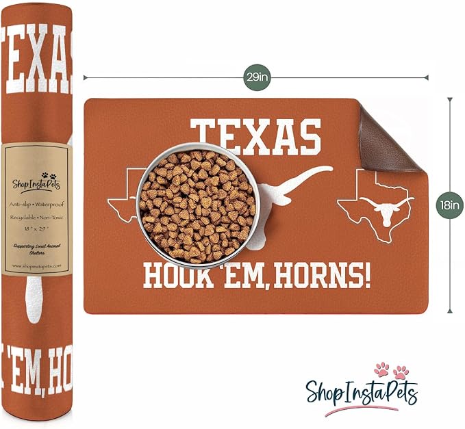 Texas Longhorns Officially Licensed Food and Water Mat for Dogs and Cats | 18" x 29" | Non-Slip | Water-Proof