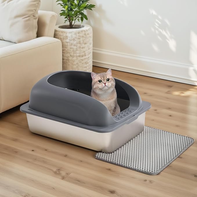 OLIXIS Stainless Steel Cat Litter Box with Lid, Large Cat Litter Box for Big Cats, High Wall Sides, Anti-Urine Leakage, Easy Cleaning, Scoop and Mat Included, Easy Cleaning, Dark Gray