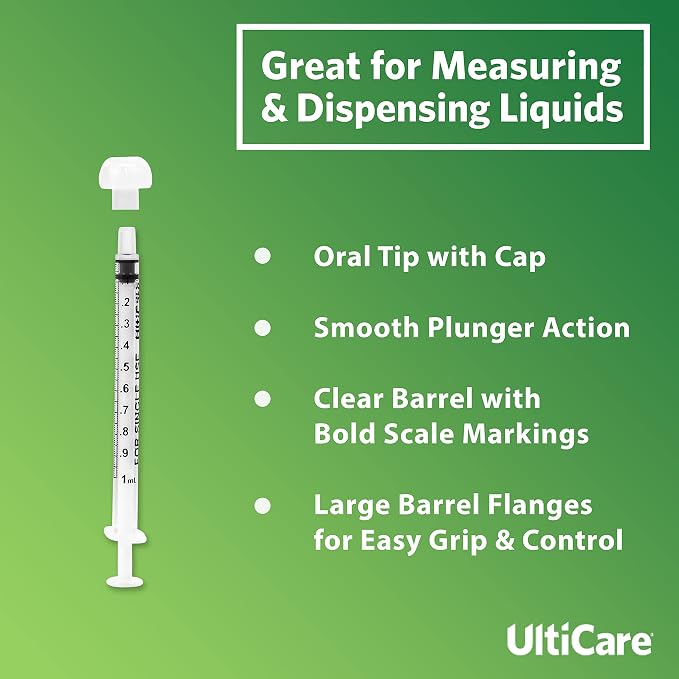 UltiCare 1mL Oral Tip Syringe – Uses Include Oral Administration of Medicine for Infants, Toddlers and Small Pets, and Small HH Projects. with Cap, Sterile Individually Wrapped, 100 Count