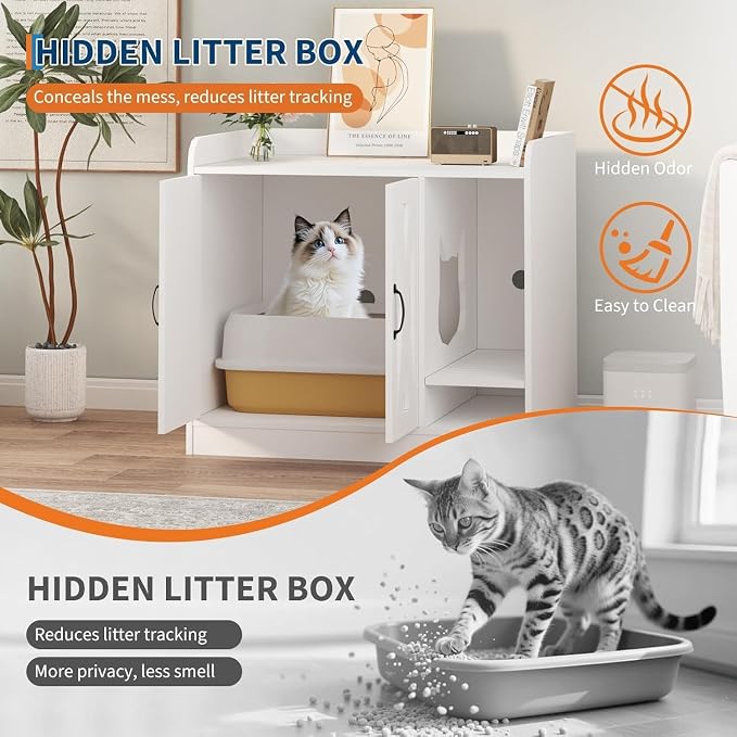 Cat Litter Box Enclosure, Hidden Litter Box Cabinet Furniture with Divider, Indoor Cats House, Wooden Cat Washroom Storage Cabinet Bench, Side End Table Nightstand, 33.07" l × 23.62" w × 23.92" h