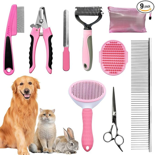 Dog Brush & Grooming Kit – 9-Piece Pet Brush & Deshedding Set for Shedding, Bathing, Trimming & Nail Care | Grooming Tools for Dogs & Cats, Includes Comb, Nail Clipper, Scissors, Slicker Brush (Pink)