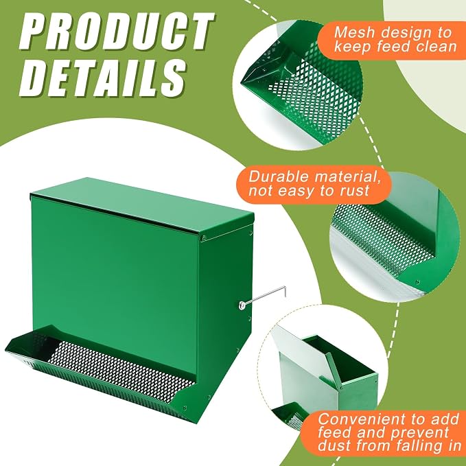 Maxcheck No-Waste Metal Rabbit Feeder for Cages, Large Hanging Food Dispenser with Mesh Bottom & Lid, Holds 5lb Feed for Several Days, Bunny & Small Pets