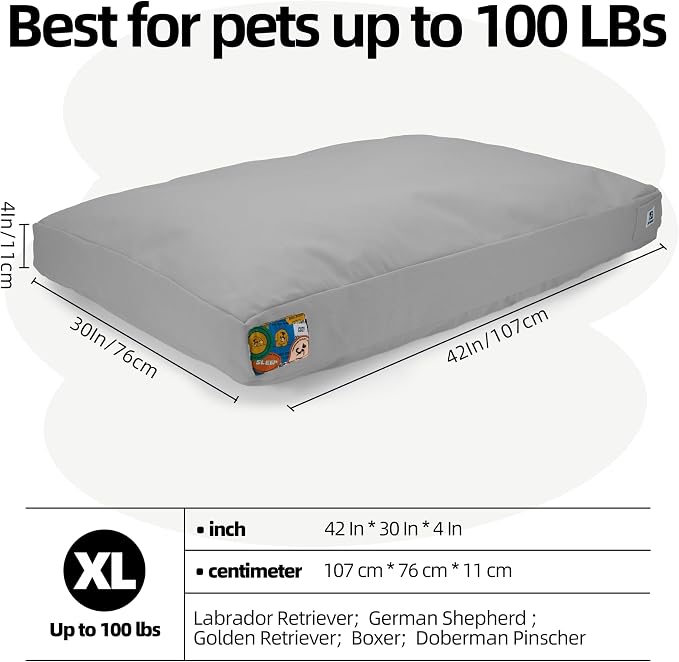 Sytopia 42 Inch Durable Indestructible Dog Bed for Extra Large Dogs, Outdoor Canvas Chew Proof Pet Crate Mat with Waterproof Washable Removable Cover, Indoor Patio Pet Pad for Crate, Light Grey