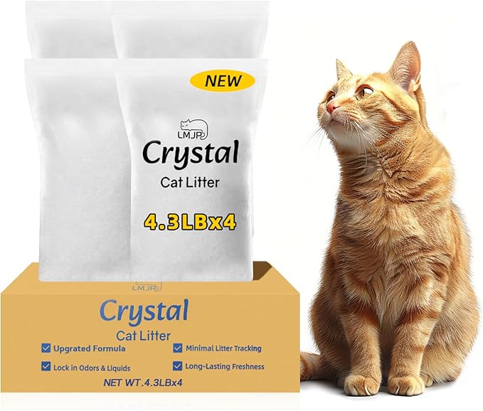 LMJP Crystal Cat Litter with Powerful Odor Control, Non-Clumping, Lasts Up to 4 Months, 17.2lb, Rapid Water Absorption, Unscented & Low Tracking Lightweight White Silica, 4 Pack of 4.3lb