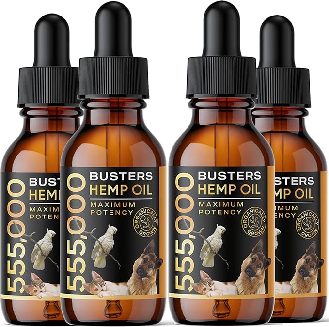 Buster's Organic Hemp Oil for Dogs and Cats, Economy 4PACK-8MTH-Supply, Large 60ml Bottle, Made in USA - Miracle Formula, Perfectly Balanced Omega 3, 6, 9 - Supports Joints