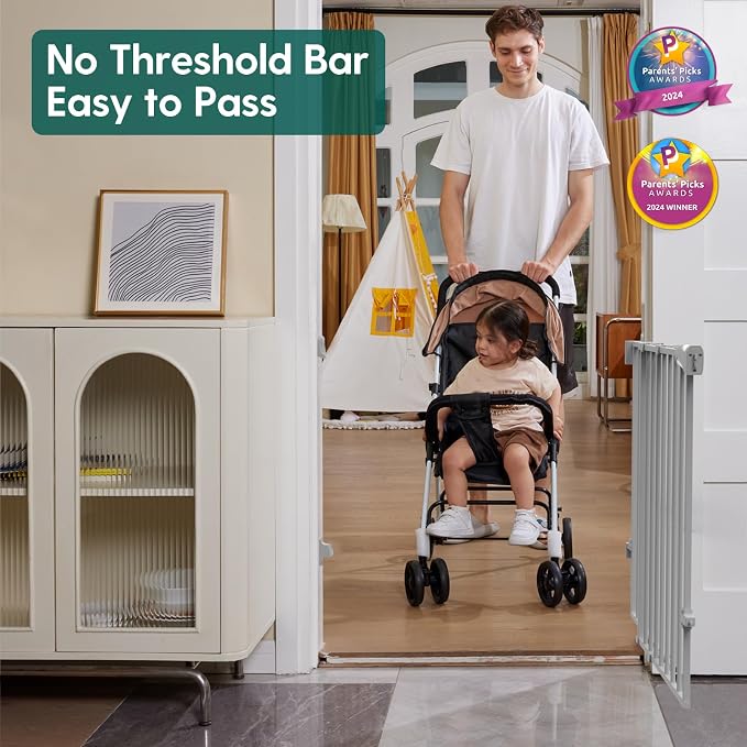 Babelio Baby Gate for Stairs & Doorways, 26-43" W 34" H Extra Tall| No Bottom Bar| Easy Installation| One-Handed Operation| Auto-Close| Hardware Mount (Drill Needed) Safety Dog/Pet Gate Indoor (Grey)