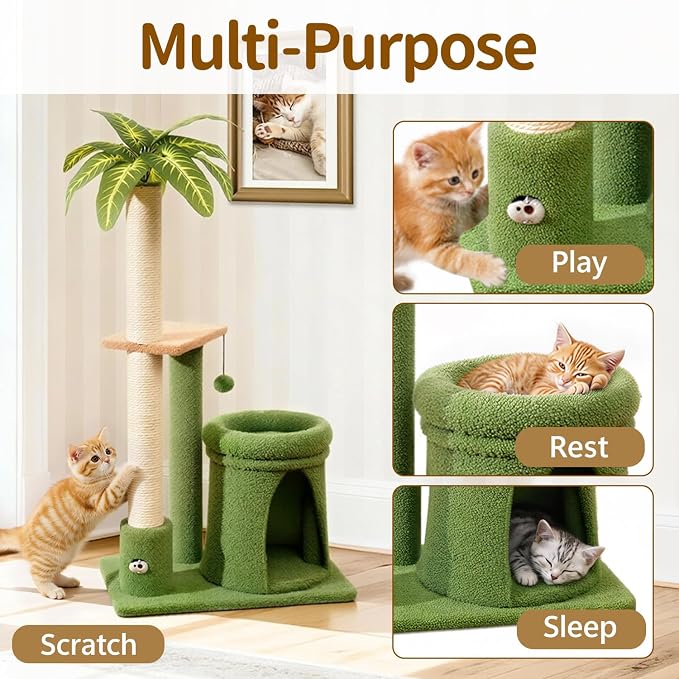 Cat Tree Tower Scratch Post Stand for Indoor, 41" Compact Palm Tree Kitten House Condo with Cozy Bed for Small Cats, Space Saving Design, Supports Climber Scratching Playing and Rest