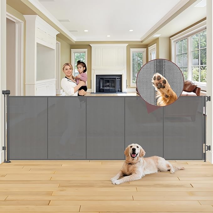 Reinforced 41" Extra Tall Pet Gate 100" Extra Wide Retractable Baby Gate with Support Rods, Indoor Retractable Gate Mesh Dog Gates for The House Outdoor Wide Baby Gates for Large Openings, Gray