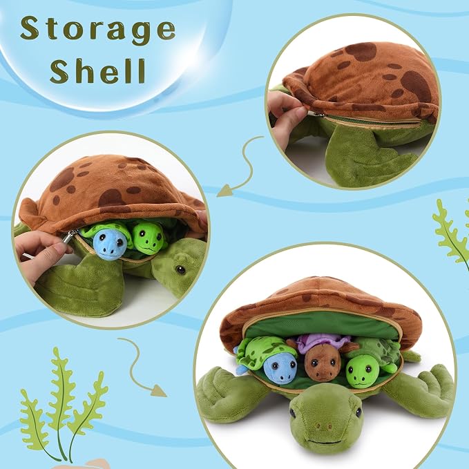 Muiteiur 4 Pcs Sea Turtle Stuffed Animals with Babies Inside, Soft 12.6 Inch Turtle Plush Toy for Kids, Cute Stuffed Turtle Gifts for Kids Boys Girls, Ocean Animal Plush Toy