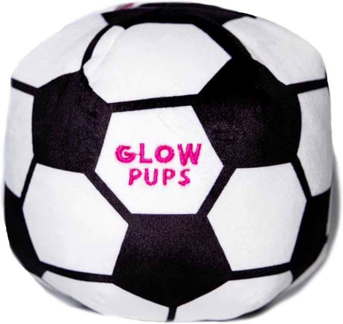 Glow Pups Plush Soccer Ball Dog Toy with Squeaker, Black and White
