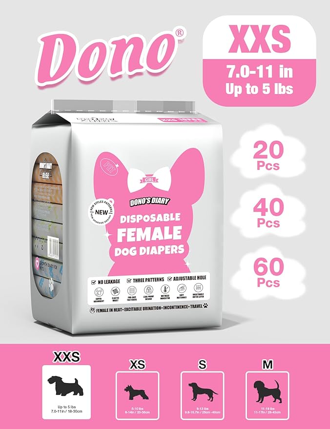 Dono Dog Diapers Female - 60 Pcs, Disposable Puppy Diapers with Wetness Indicator, Super Absorbent Leak-Proof Pet Doggie Diaper for Female Dogs in Peeing or Elderly Incontinence, XXS Size