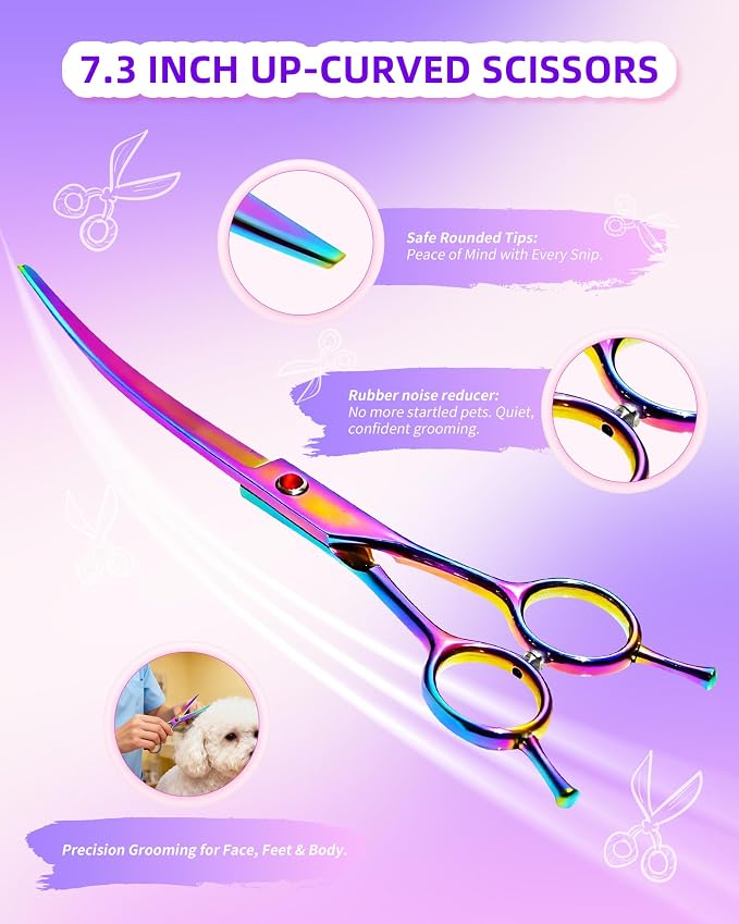 7.3" Dog Grooming Scissor - Professional Down-curved Shear with Ergonomic Handle Stainless Steel Hair Shears for Dogs, Cats and Other Pets - Pet Hair Trimming Scissor(Curved, Iridescent)