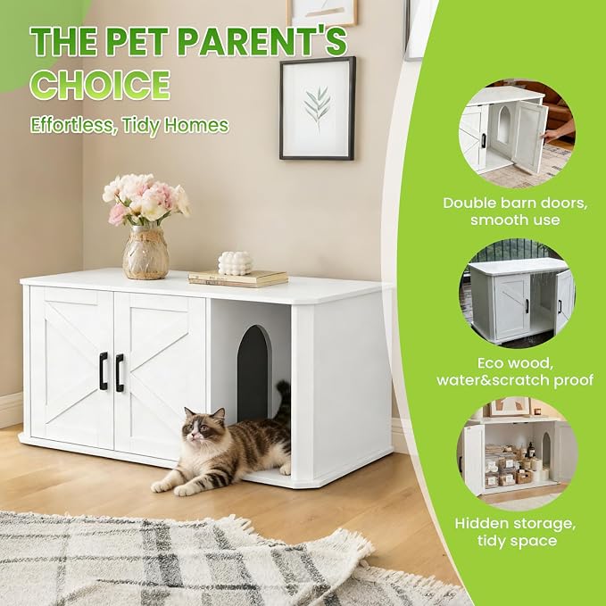 Modern Wooden Cat Litter Box Enclosure, Hidden Washroom Cabinet with Double Doors and Side Entry, Large Cat House End Table, Easy-Clean Sturdy Furniture