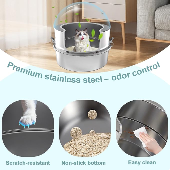 High Sided Low Entry Stainless Steel Round Cat Litter Box, Large Corner Litter Box for Big/Multi Cats,Metal Litter Box Includes Scoop & Filter Pedal,Odor Control，Easy to Clean