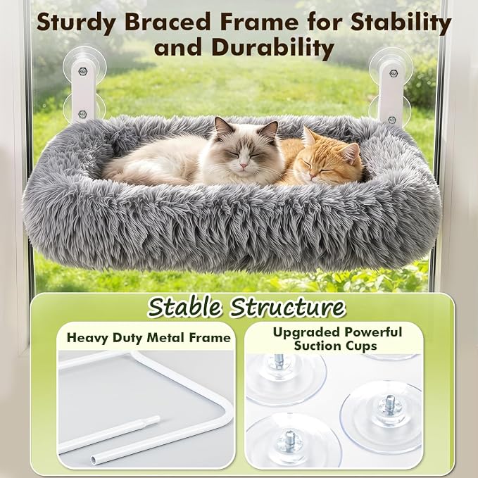 Zoratoo Cloud-Snuggle Cat Window Perch with 4-Sided Ultra-Thick & Fluffy Plush Cushion Bed, Foldable Cordless Cat Window Hammock for Window with Sturdy Metal Frame for Large Cats and Kittens (M, Gray)