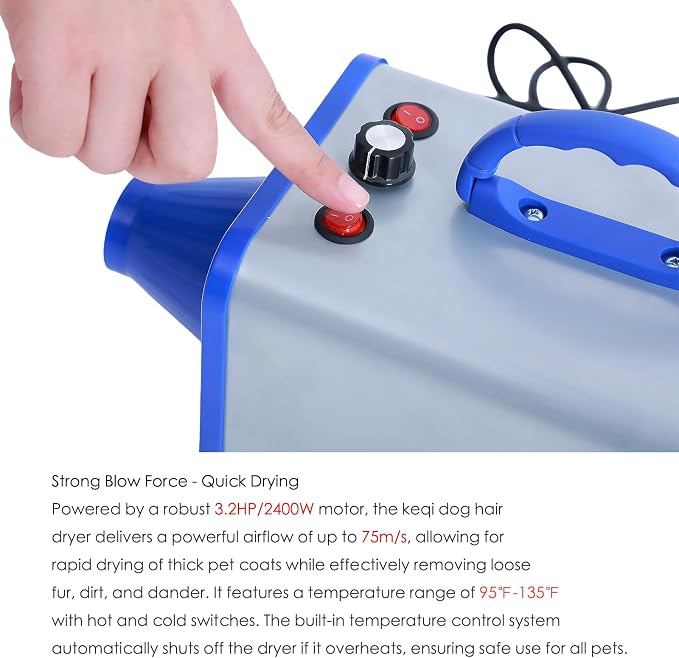 2400w 75m/s Dog Dryer for Pet Grooming, High Velocity Pet Hair Dryer with Heater, Adjustable Speed, 4 Nozzles and a Comb, Blue
