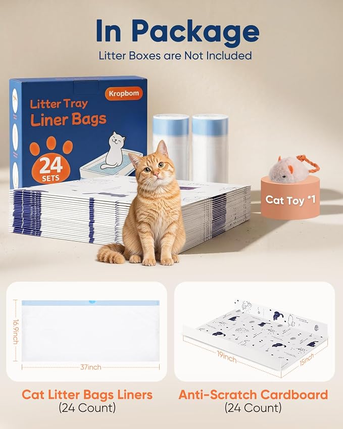 24 Pack Litter Box Liners Compatible with Safe Pets Scoopfree Cat Litter Box Tray Refill, Large Cat Waste Poop Bags with Anti-scratch Cardboard and Drawstring Heavy Tear-resistant- 37" x 16"