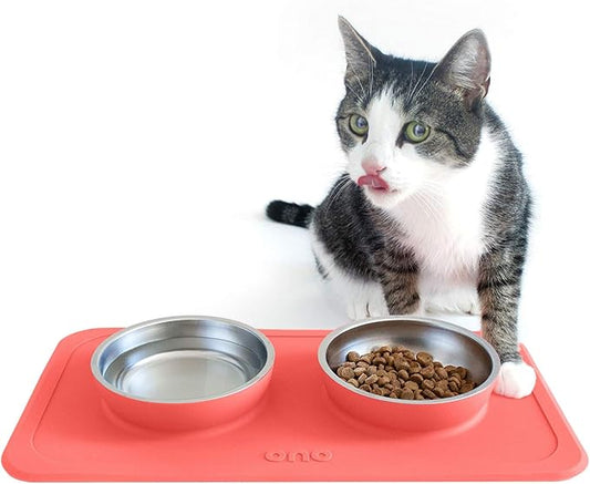 Ono Good Bowl Food & Water Double Feeder - Small to Medium Pets No Spill Non Skid Silicone Mat & Stainless Steel Bowls for Dogs or Cats (Coral)