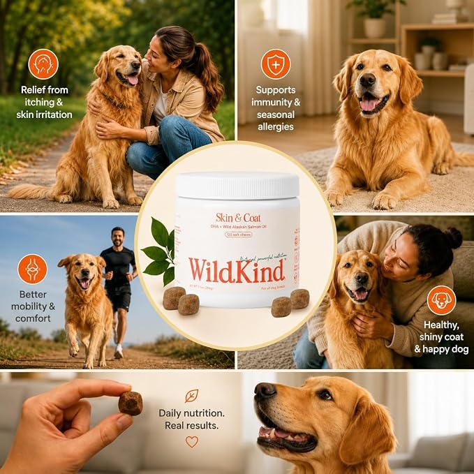 WildKind Dog Allergy Chews for Dogs – Wild Alaskan Salmon Oil for Dogs, Dog Itch Relief, Skin & Coat Supplement for Dogs, Shedding Control, Digestive & Immune Health Support, 120 Soft Chews