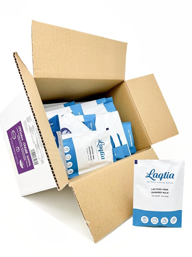 Instant Lactose Free Skim Milk Powder PACKETS by Laqtia, 100 PACKETS BULK Box, Makes an 8oz glass of fat free milk, Non GMO, Free of bST and rBGH, made using 100% European Dairy, product of Spain