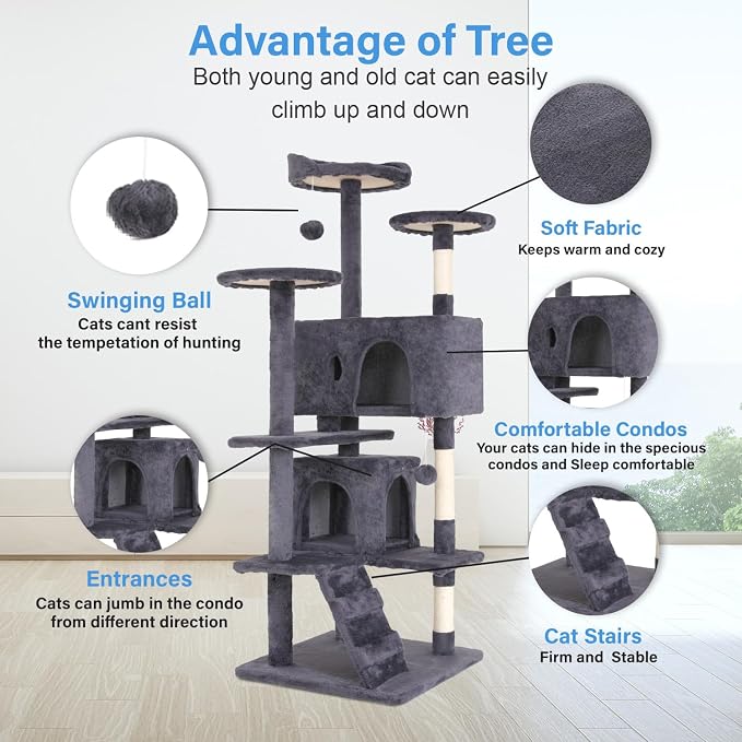 FDW | 54" Cat Tree Tower | Ashy | Multi-Level Indoor Activity Center with Sisal Scratching Posts, Condos, Plush Perches, Hanging Cat Toys | Sturdy, Easy to Assemble | for Kittens & Adult Cats