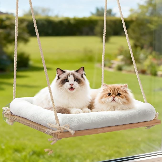 Large Cat Window Perch, Window Hammock Bed with Solid Wood Seat 4 Heavy Duty Suction Cups, Plush Cushion, Indoor Hammock Bed for Large Cats (XL)