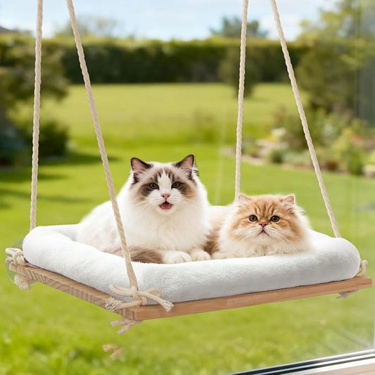 Large Cat Window Perch, Window Hammock Bed with Solid Wood Seat 4 Heavy Duty Suction Cups, Plush Cushion, Indoor Hammock Bed for Large Cats (XL)