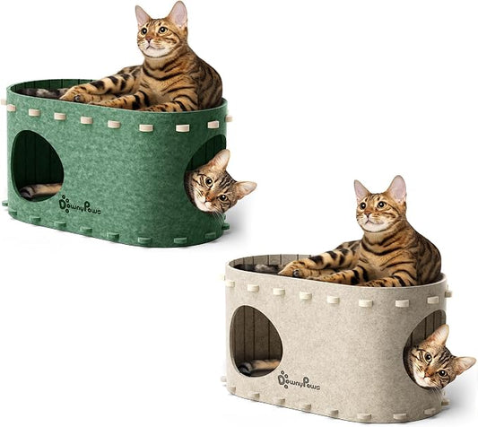 DownyPaws Cat House for Indoor Cats, Cat Bed Cave for Multiple & Large Cats Up to 22 Lbs, Scratch Resistant Peekaboo Cat Caves, Foldable Cat Tunnel Enclosed Bed, PeekaPurr, Cream and Forest