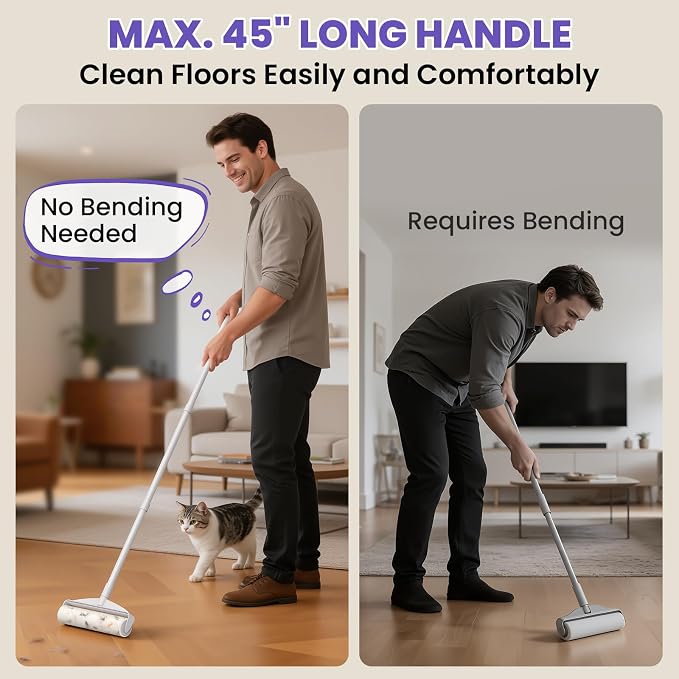 Two Large Lint Roller Set for Pet Hair: DELOMO 9.45” Extra-Wide Sticky Rollers - Long Handle for Floors & Carpets and Short Handle for Couches & Furniture - 360 Sheets Total - for Multi-Pet Homes