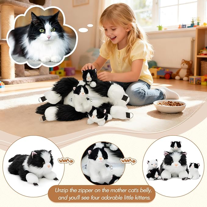 Tezituor 20 inch Cat Stuffed Animals Bag with Babies, Large Realistic Stuffed Cat with 4 Cute Kitten Babies, Soft Ragdoll Plush Shaped Backpack, Mom and Baby Kitten Plushies Pillow for Kids