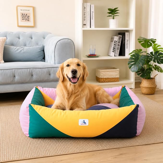 Cotton Canvas Dog Bed, Dog Beds Large Sized Dog, Orthopedic Bed with Washable Removable Cover Durable 290 GSM Cotton Anti-chewing Pet Bed with Anti-Slip Bottom (38"x30"x12", Pink&Yellow&Green)