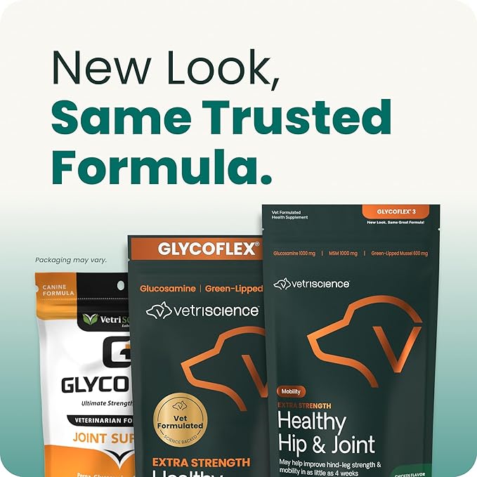 VetriScience Extra Strength Healthy Hip & Joint Chews, GlycoFlex Glucosamine & Green-Lipped Mussel Support Supplement for Dogs, Promote Mobility & Soothe Joint Discomfort, Chicken, 3 Pack