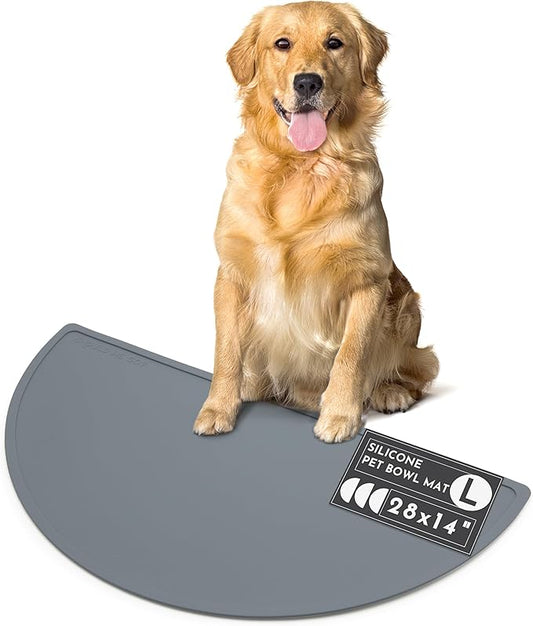 Should We Go? Waterproof Silicone Dog Food Mat – Large Size Non-Slip Pet Bowl Mat, Raised Edge Design, Easy-to-Clean Pet Food Placemat for Dog & Cat Bowls, 28" Across x 14" Deep - Charcoal