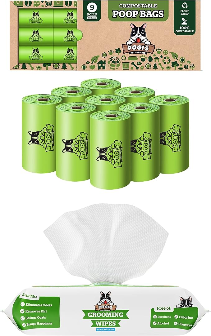 Pogi's Plant-based Poop n' Wipe Combo - 135 Compostable Poop Bags and 100 Plant-based Grooming Wipes Bundle
