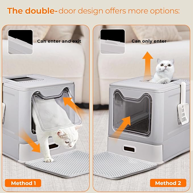 Stainless Steel Cat Litter Box with Lid, Top Entry Covered Box, Deeper Pan | Metal Litter Box with Lid & Pull-Out Drawer for Big Cats, Leak-Proof Baffles, with charcoal filters and Mat & Scoop