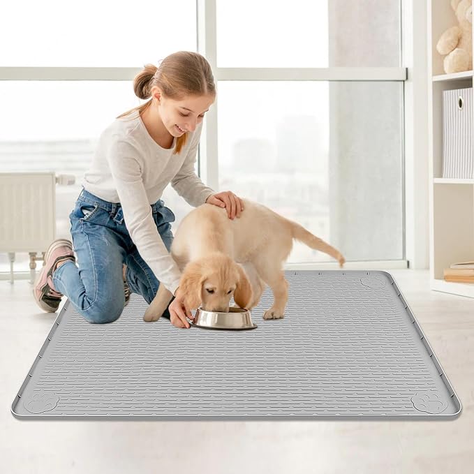 Cat Food Mat, 40" x 28" Cat Litter Mat Extra Large Silicone Pet Feeding Mat with Raised Edge Pet Placemat for Food and Water Bowl Non-Slip, Easy to Clean, Floor Protection (Light Gray)