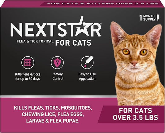 NEXTSTAR Flea and Tick Prevention for Cats, Repellent and Control, Fast Acting Waterproof Topical Drops, Flea Prevention for Cats Over 3.5 lbs, 1 Month Dose