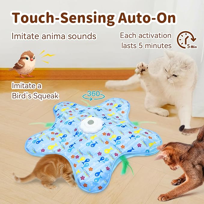 Interactive Cat Toy for Indoor Cats, Rechargeable Touch Activated Hide and Seek Cat Toys, Automatic Moving Concealed Wand Feather Toy for Bored Indoor Kitten Adult Cats, Real Bird Squeaky Blue