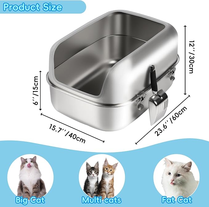 Stainless Steel Cat Litter Box, 23.6" L x 15.7" W x 11.8" H Extra Large Semi Enclosed Removable Metal Litter Tray with High Sided Enclosure, Scoop, Non-Sticky, Easy Cleaning
