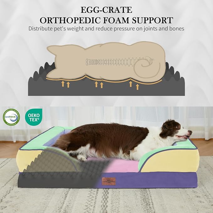 Comfort Expression Orthopedic Dog Bed for Extra Large Dogs 42x30 Inch, Waterproof Egg Crate Foam XL Pet Bed with Bolsters, Dog Couch with Washable Cover & Non-Slip Bottom, Frosted Grape