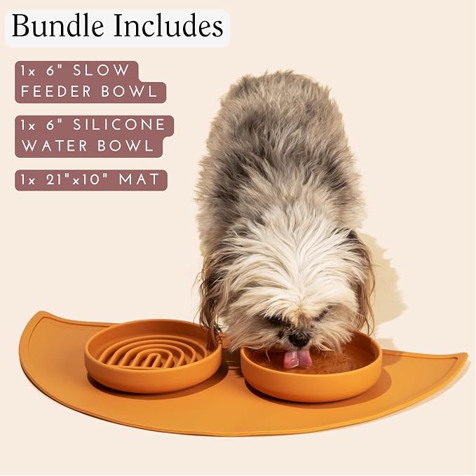 Should We Go? Silicone Pet Feeding Set - Slow Feeder Bowl, Waterproof Food Mat & Non-Spill Water Bowl - Non-Slip, Easy-to-Clean, Dishwasher Friendly for Dogs & Cats, Small-Ocean Blue