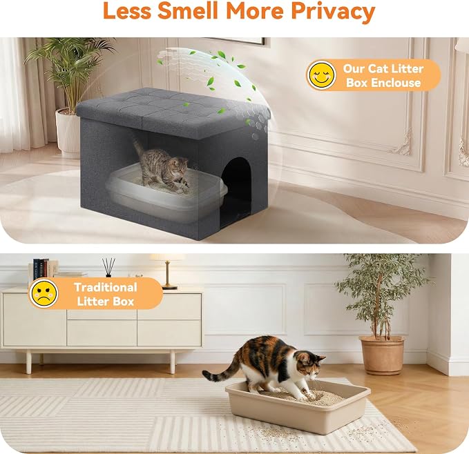 Cat Litter Box Enclosure Furniture for Odor Control, Hidden Cabinet Cat Litter Box Furniture Ottoman with Flip-Up Lid,Cats Litter Box Bench with Storage Space, Dog Proof (Grey, Large)