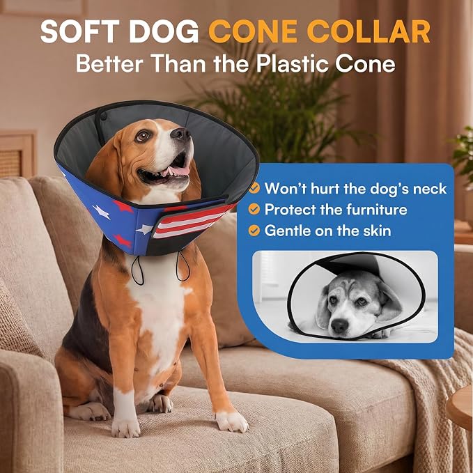 Queenmore Dog Cone, Cone for Dogs to Stop Licking, Dog Cones for Medium Dogs, Adjustable Doggy Recovery Collars & Cones, Elizabethan Collar for Pets After Surgery, USAFlag M