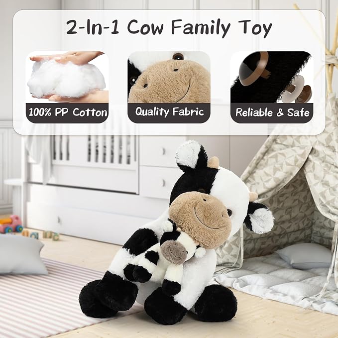 Tezituor 2-in-1 Large Cow Stuffed Animals, 20 inch Big Stuffed Mommy Cow with Cute Baby Cow Plush Toy Hugging Soft Plush Pillow for Boys Girls