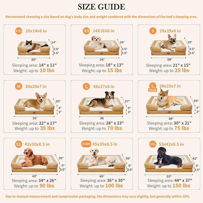 Comfort Expression Orthopedic Dog Bed for Large Dogs 36x27 Inch, Waterproof Supportive Egg Crate Foam Large Pet Bed with Removable Bolsters, Dog Couch with Washable Cover & Non-Slip Bottom, Caramel