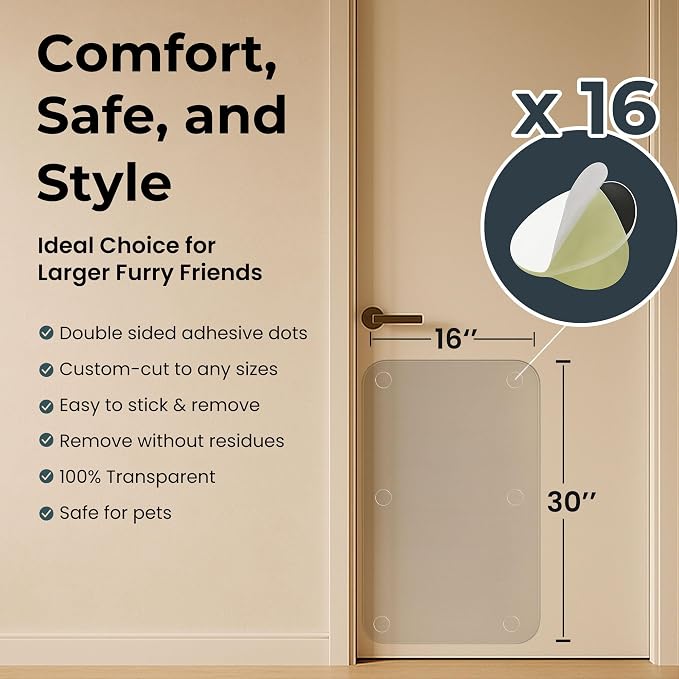 Heavy Duty Door Protector from Dog Scratching 16 x 30'' Transparent PVC Pet Door Guard Protection, Easy Install & Remove Custom-Cut Anti-Scratch Shield for Interior Doors, Cat Damage Prevention 1-Pack
