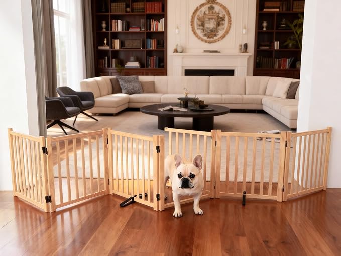 Freestanding Dog Gate Indoor, 23" H Wooden Dog Gates with Door Walk Through, No-Painted Folding Pet Fence for Stairs Doorway- 6 Panels