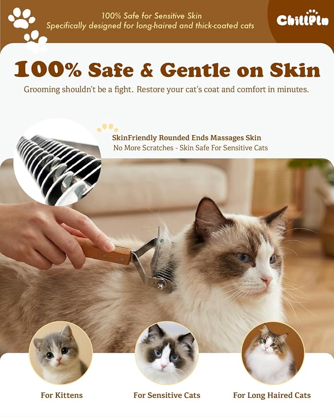 Cat Brush for Long Haired Cats - Double Sided | Professional Dematting Undercoat Rake for Ragdoll & Maine Coon Long Hair Cats - Safely Remove Mats, Tangles & Shedding
