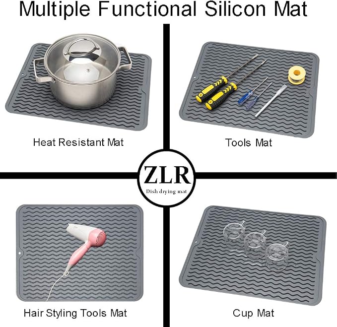 ZLR 2 Pcs Silicone Dish Drying Mat for Kitchen Counter (12" x 16" / 307 x 405mm) - Large Fast-Dry Drainer Mat with Raised Wavy Ridges & 5mm Lip - Non-Slip, Heat Resistant 450°F, BPA-Free (Dark Gray)